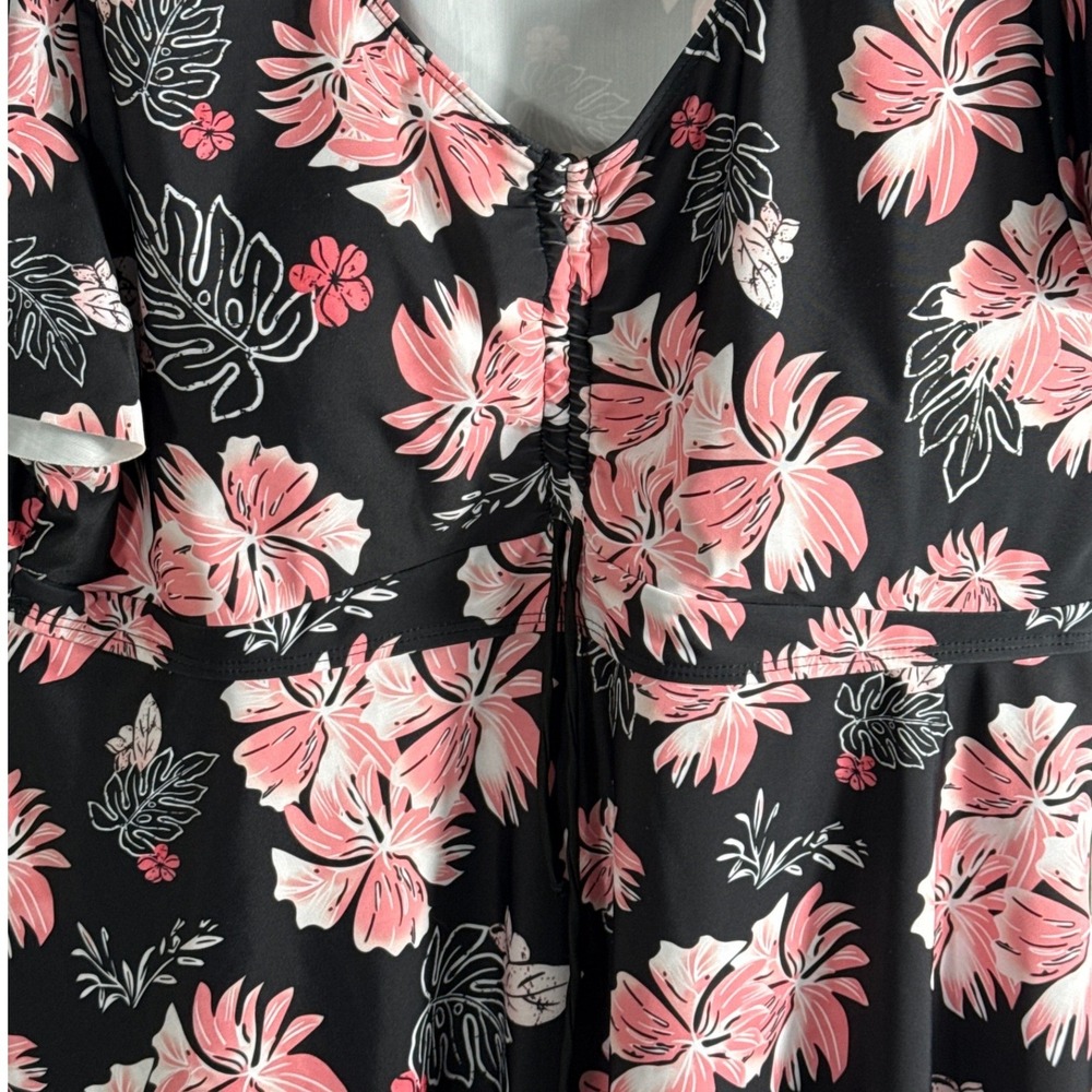 Unbranded Tropical Floral Swim Shirt Top Pink Black 4XL Short Sleeve Swim Dress - Picture 2 of 7